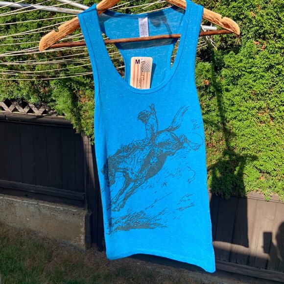 'Ride 'Em Cowboy' Blue Linen-Blend Racerback Tank Top, Junior M, New With Tags! - Picture 5 of 6